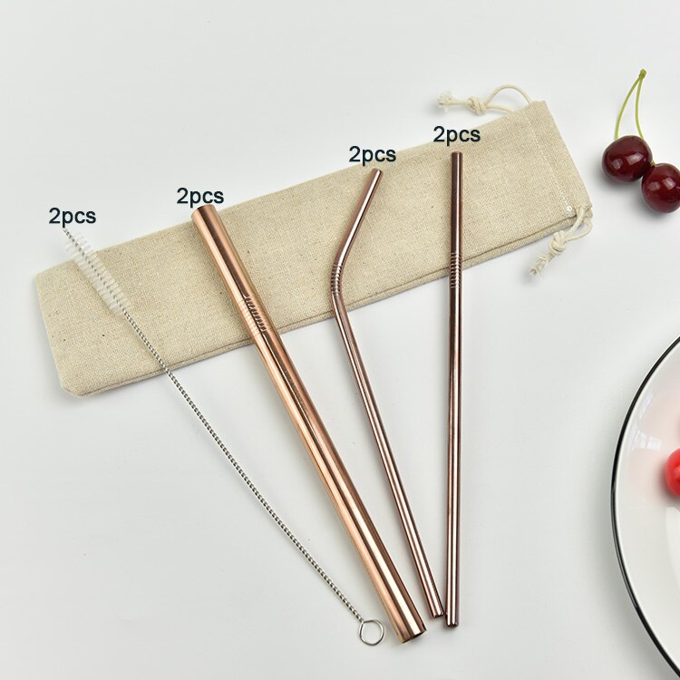 Reusable Metal Drinking Straw 304 Stainless Steel Colorful Straws Bent Straw Set With Cleaner Brush Bar Party Accessory: Rose Gold