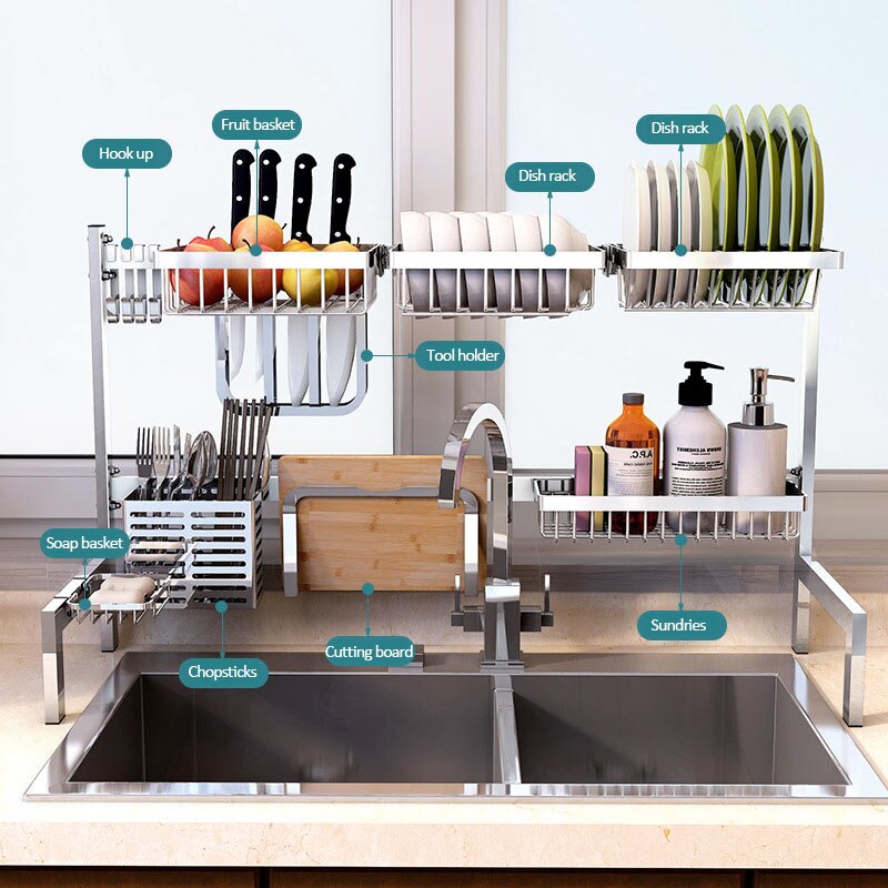 Storage Holder Rack Stainless Steel DIY Kitchen Organizer Multifunction Kitchen Shelf Rack Wall Drain Dish Rack Spice Organizer