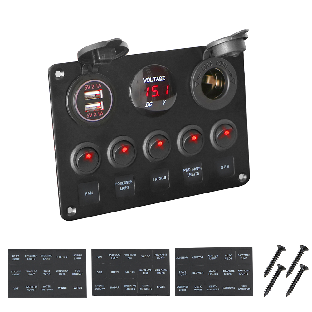 Car Marine Boat LED Rocker Switch Panel Digital Voltmeter Dual USB Port 12V Outlet Combination Waterproof: Red