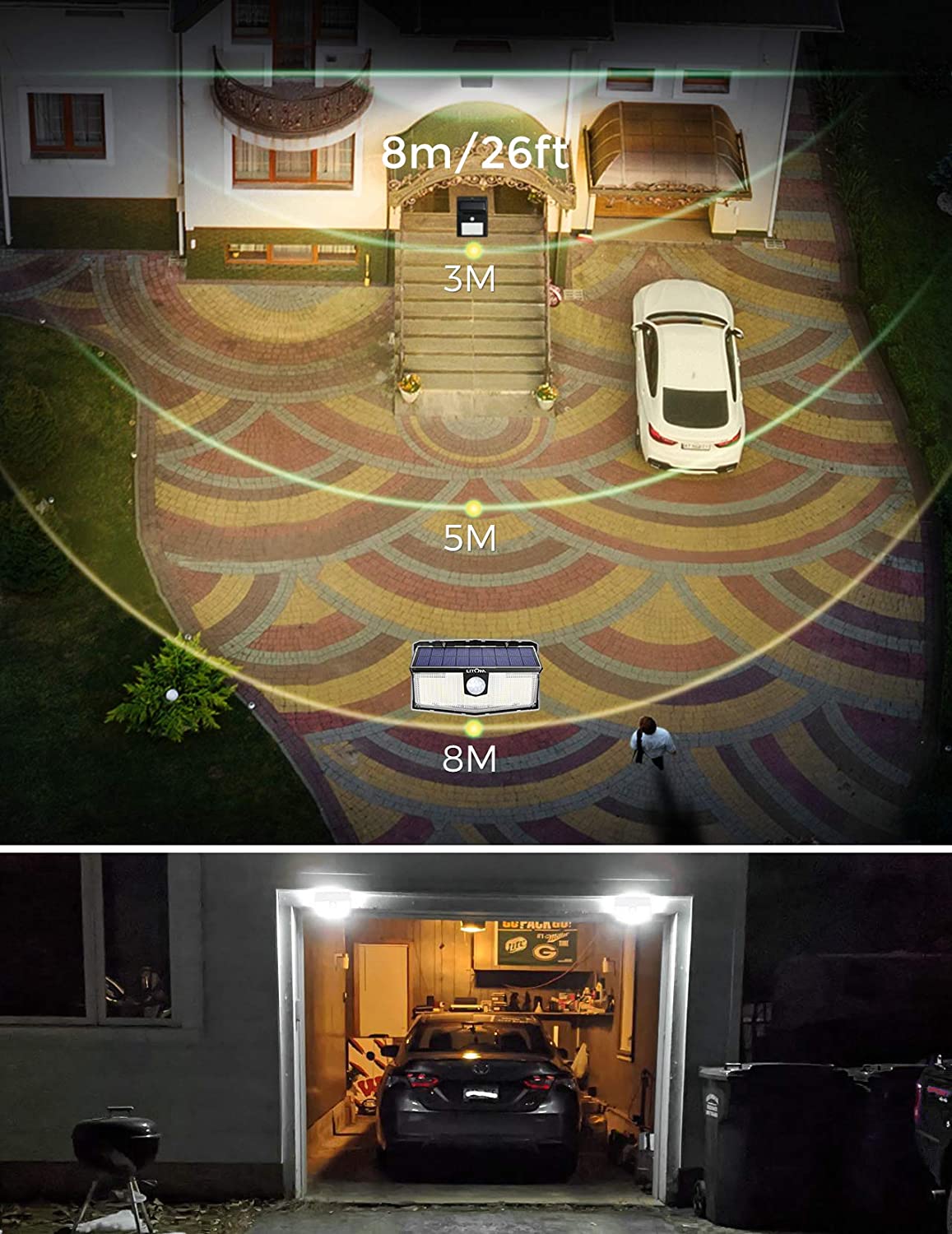 Upgraded Touch Switch Solar Lights 2PCS LITOM 300 LED Solar Lights PIR Motion Sensor Lights IP67 Waterproof 4 Intelligent Modes