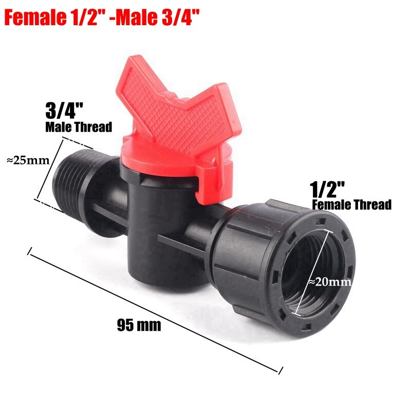 Mini válvula de esfera para irrigação, 2 peças, 1/4 "1/2", rosqueada, alta qualidade, conectores de água do jardim, válvula de gotejamento, interruptor de mangueira, controladores de água: M 3l4-F 1l2
