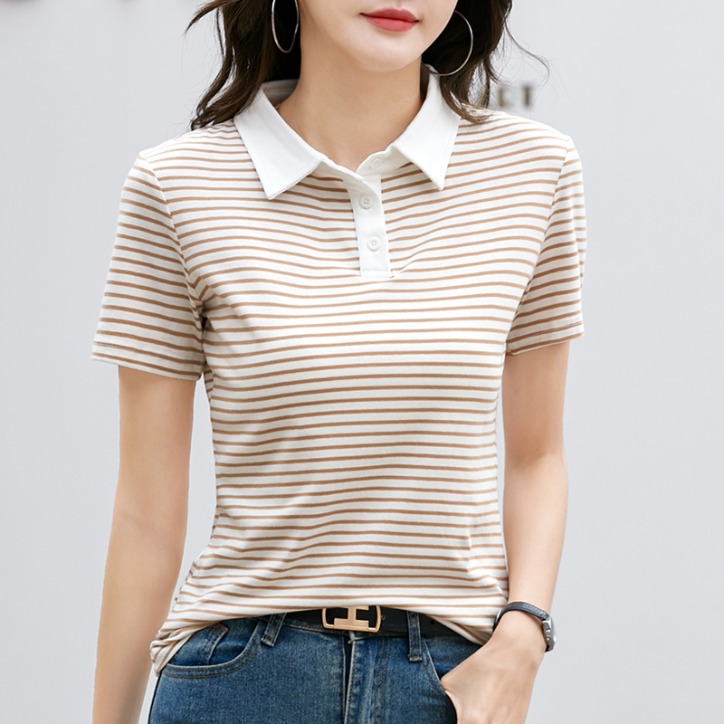 Korean Style Short Sleeve Polo Shirt Women Cotton Stretch Summer Tops Knitted Striped T-shirt For Women: XXXL / Fuchsia