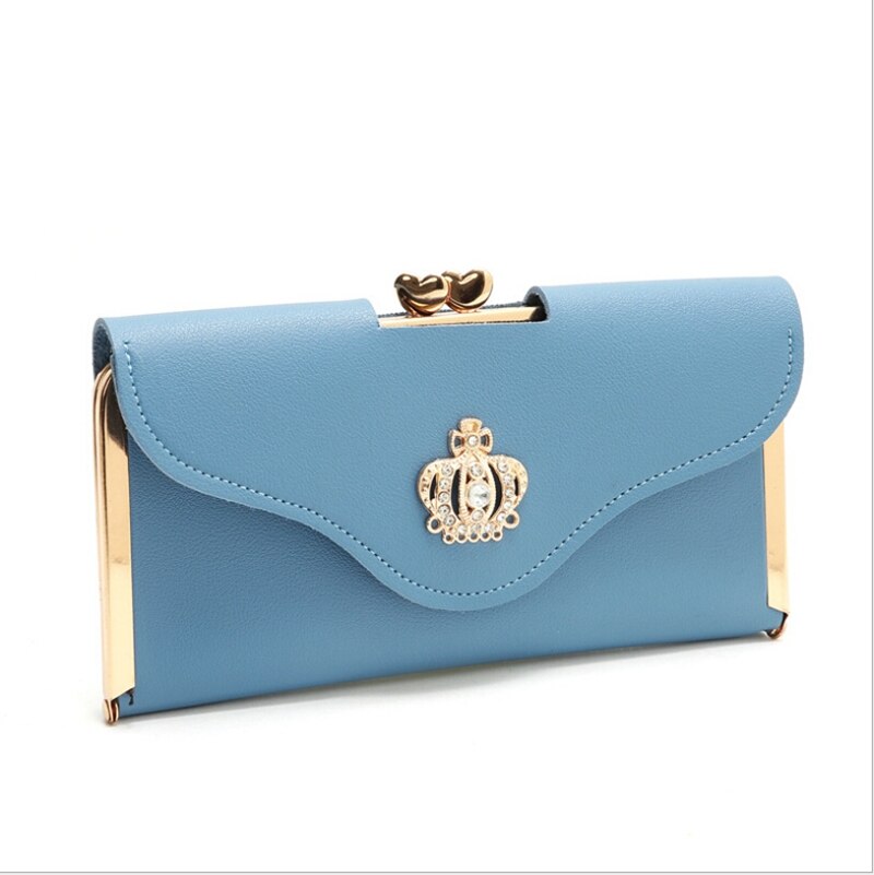 Cartera de mano de piel sintética con corona para mujer, cartera larga, tarjetero, bolso de mano: Azul