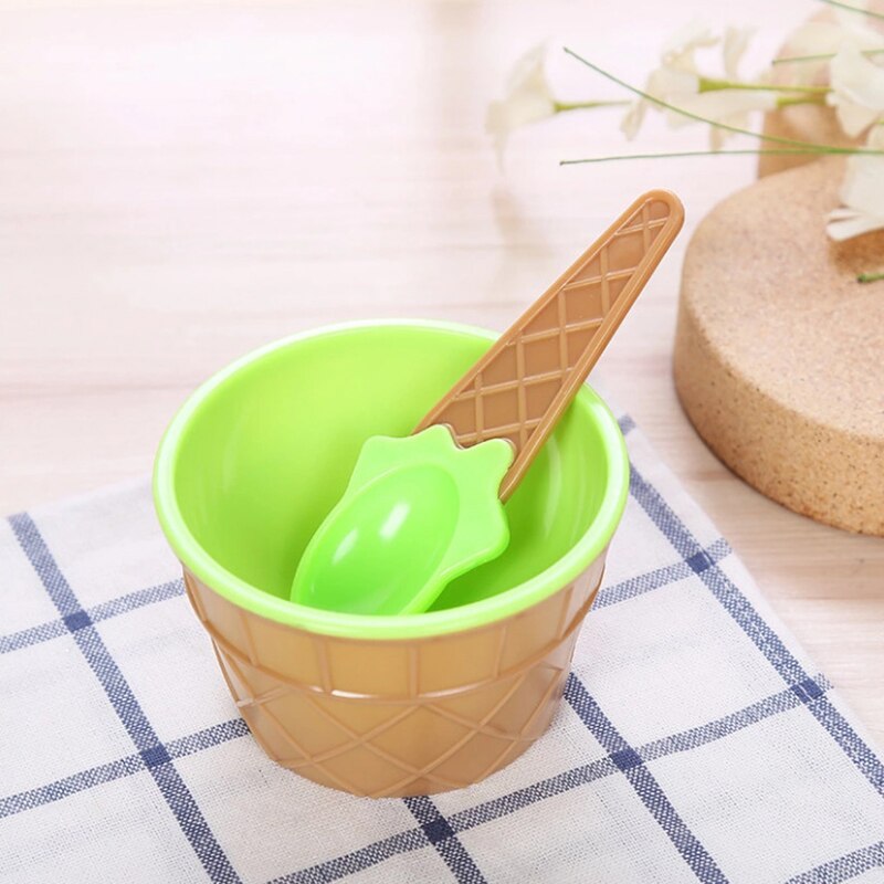 1 Pcs Lovely Kids Ice Cream Bowls With Spoon Reusable For Kids Boys Girls Cute Ice Cream Dessert Tool Set: green