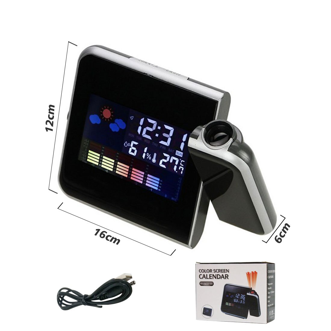 Reloj despertador Digital con proyector de techo, reloj despertador con termómetro de temperatura, indicador de fecha y calendario: black with USB