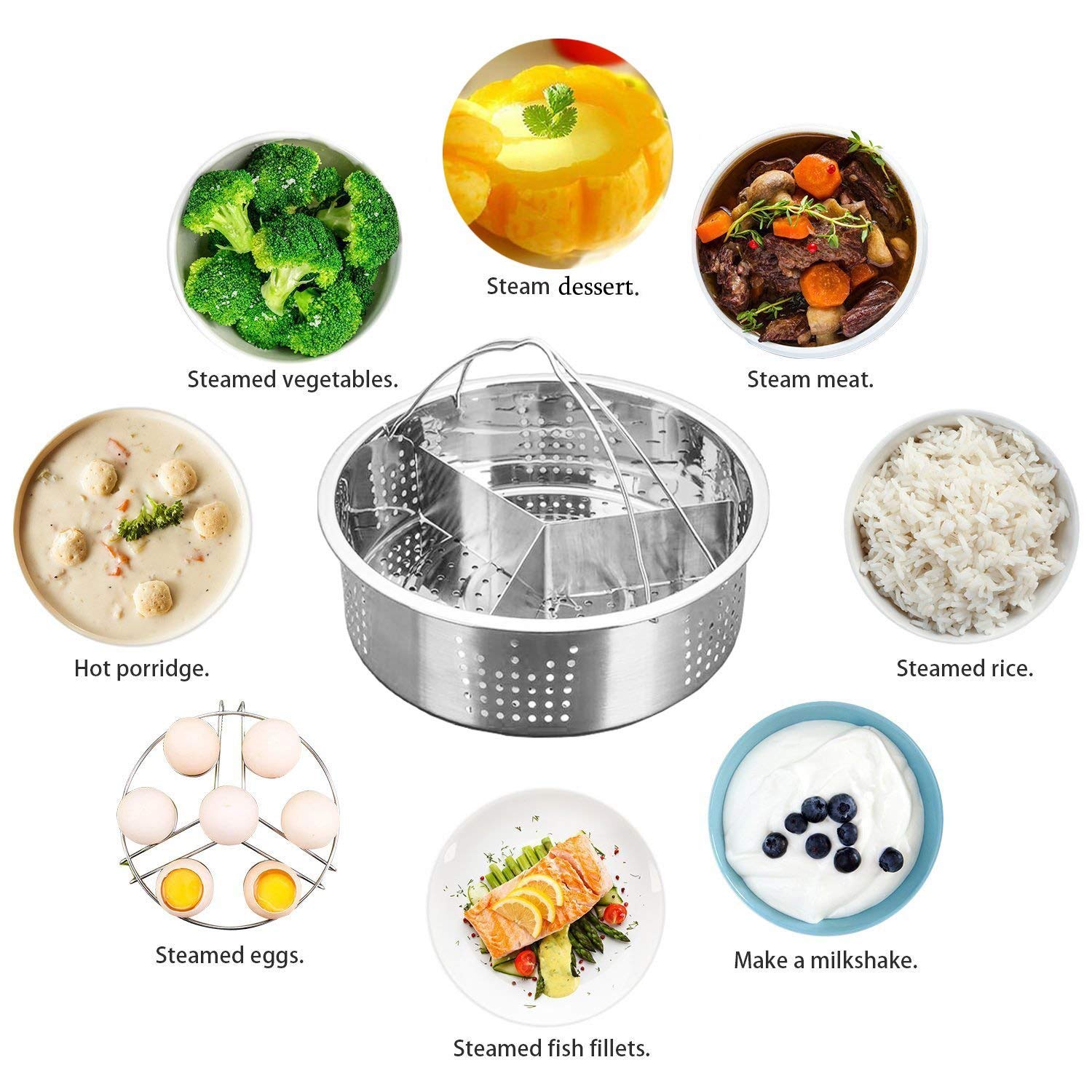 Autocuiseur électrique 5,6,8 qt, panier à vapeur en acier inoxydable avec support à œufs, dessous de plat Compatible avec Pot instantané