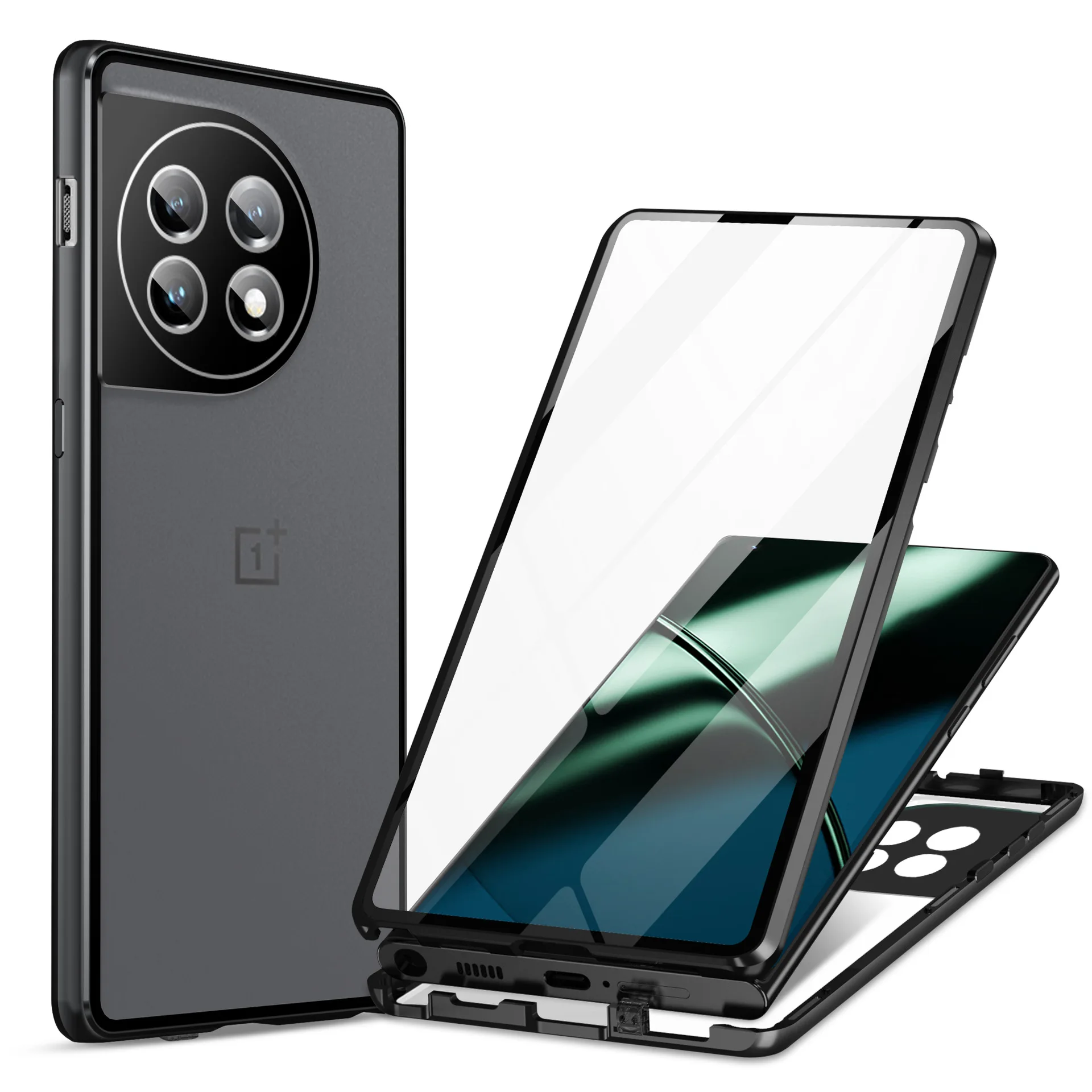 Para OnePlus 12 11 12R Funda de teléfono 360 ° Lente de marco de aleación de aluminio todo incluido One Plus 10 Pro Nord CE 5G HD Caja protectora: ABS / Negro