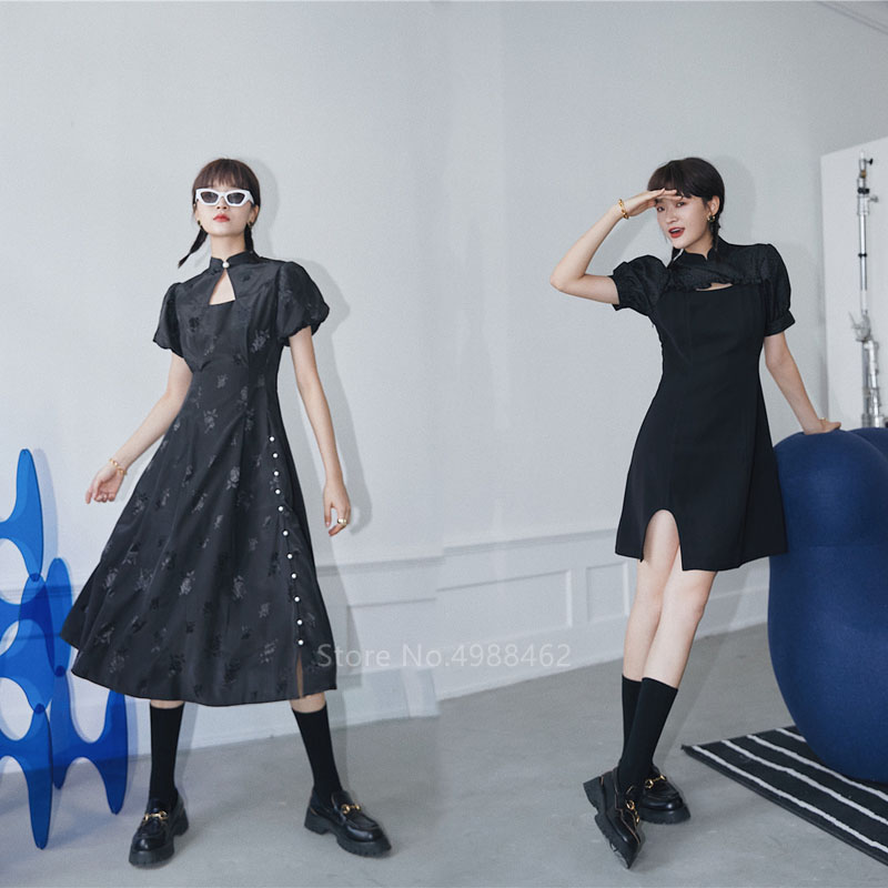 Chinese Traditionele Gothic Zwarte Mode Vrouwen Vrouwelijke Korte Cheongsam Jurk Qipao Korte Split Slim Print Party Vintage Vestido