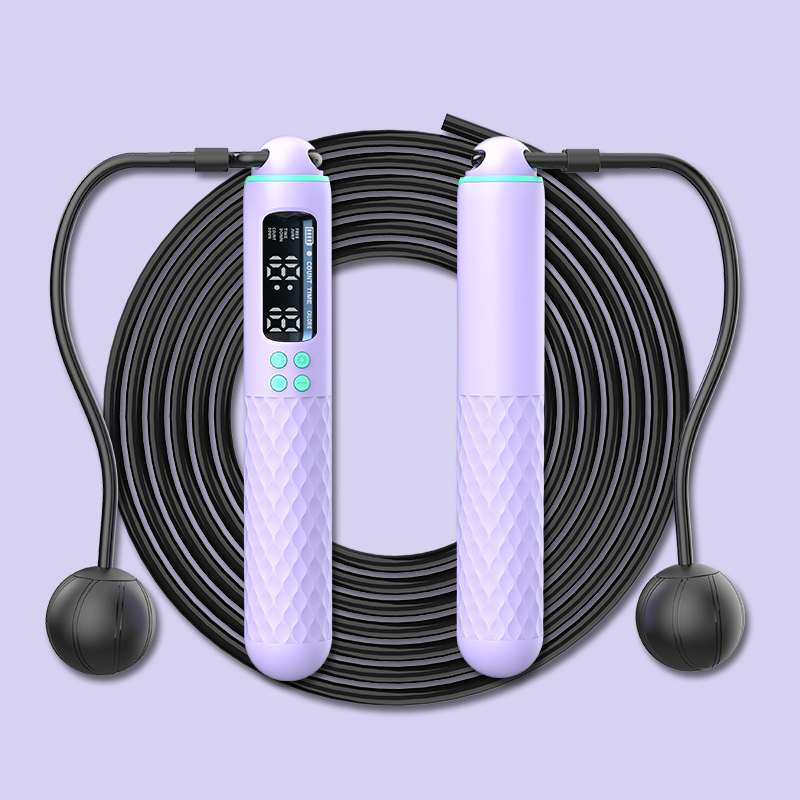 Neue wiederaufladbare USB-Springseil mit elektronischer Technologie, Drahtseil, verstellbarer Springseil-Trainer, digitaler drahtloser Kalorienzähler: Lila