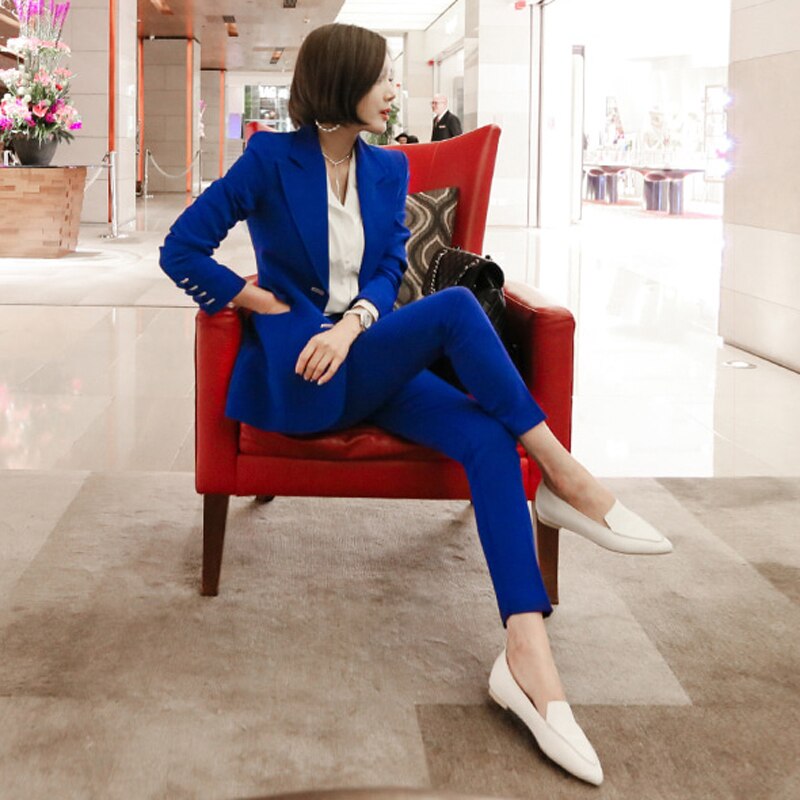 Blue Women Pant Suits Single Breasted Jacket Blazer & Pencil Pants Wear to Business Female 2 Pieces Set Autumn