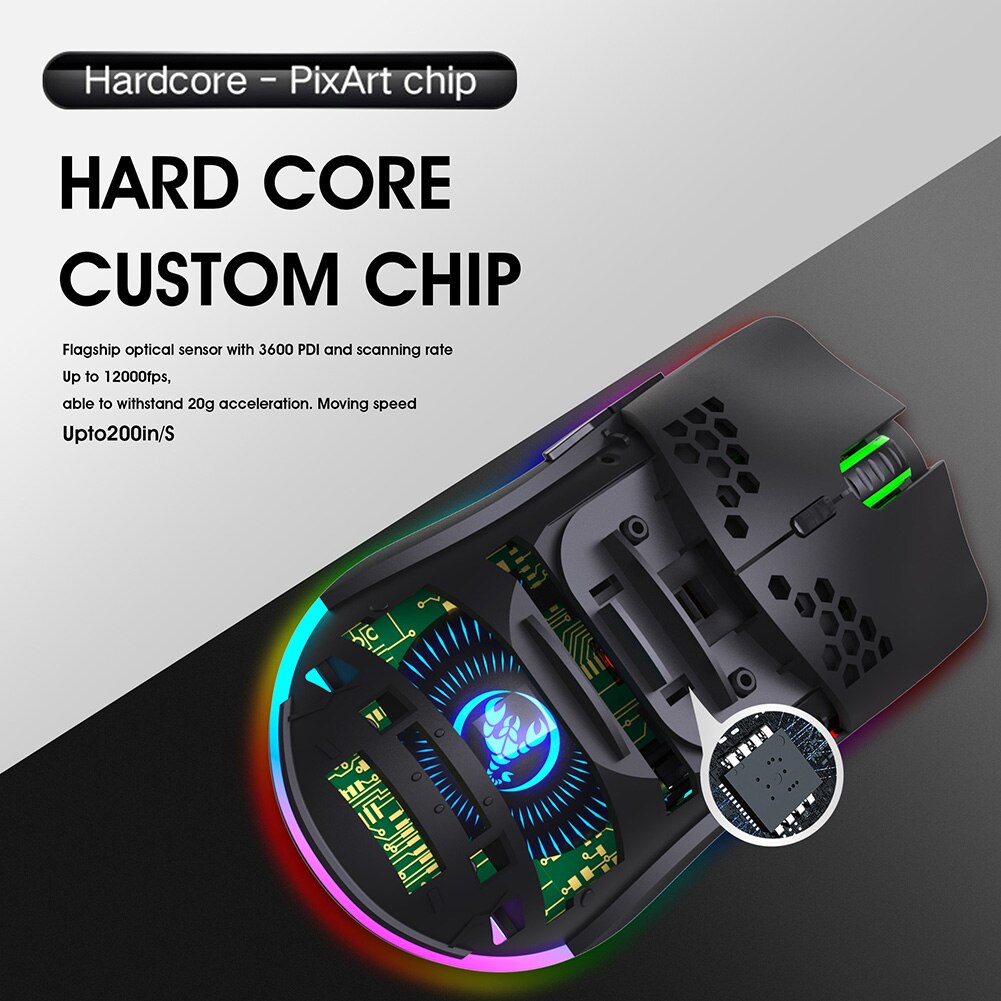 HXSJ T66 RGB Wireless Gaming Mouse Honeycomb Shell 7 Macro Programmable Buttons Rechargeable Optical Mice for PC Gamer Mouse