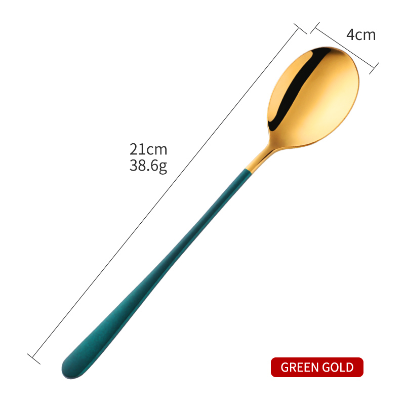 1PCS Korea Spoon Stainless Steel Soup Spoon Long Handle Gold Dessert Spoons Round Dinner Spoon Set Tableware Set: Green Gold