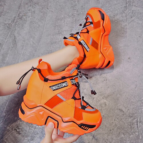Femmes Fluorescence couleurs plate-forme à lacets baskets décontracté cale Super haute 11CM chaussures à talons 3 couleurs Styles coréens A3: Orange / 38