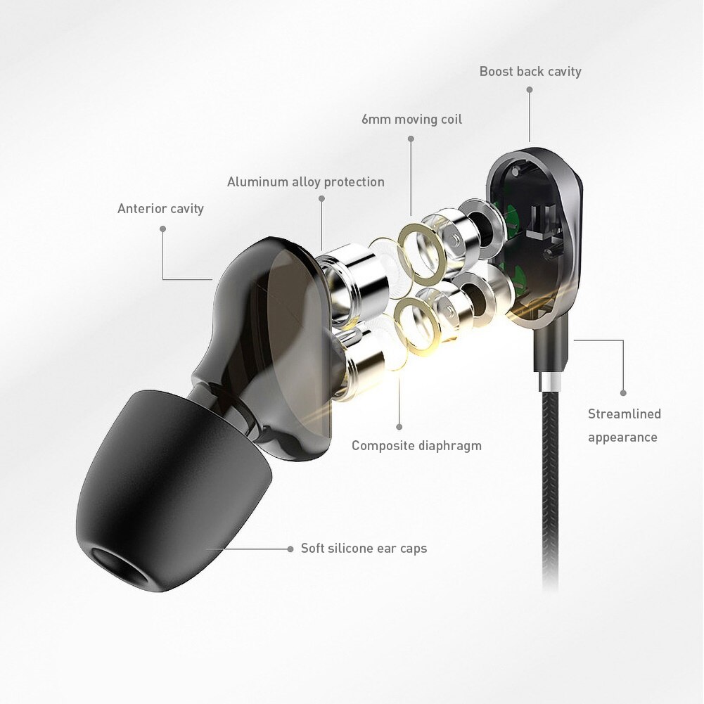 3.5mm kabelgebundene in-ear-sportkopfhörer mit 2 treibern, quad-moving-coil-treiber, hifi-bass, hd-mikrofon und galvanisiertem gehäuse
