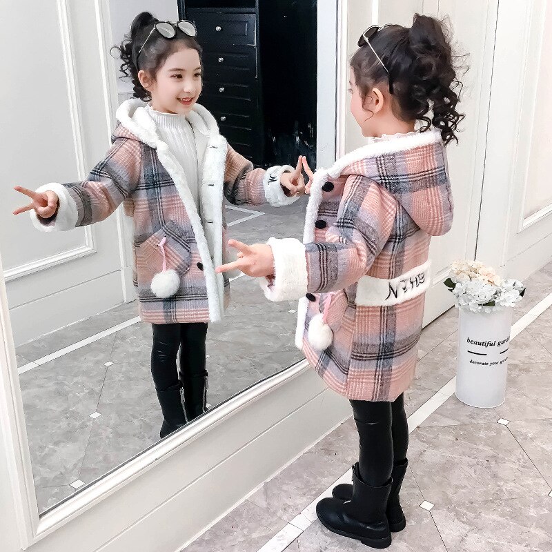 Meisjes hoodies met capuchon, wollen mix, gestreepte dikke ruit, bovenkleding, herfst- en winterkleding voor kinderen, wollen jassen  zl275