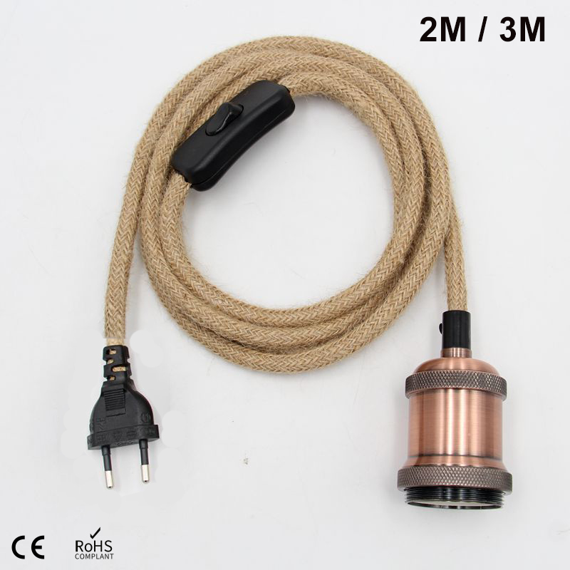 Netledning til e27 lampefatninger eu-stik hampereb 2 meter 3 meter elektrisk ledning lampefatning fatning retro tænd/sluk-kabel