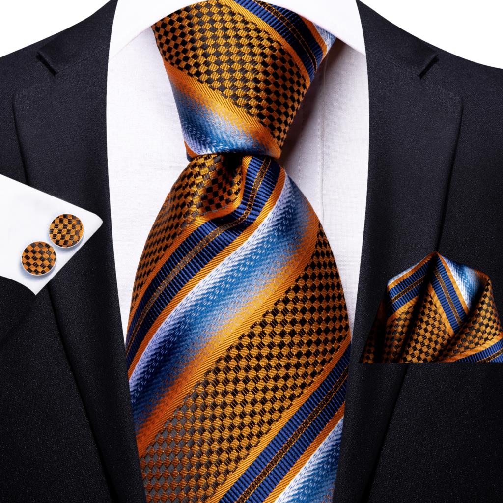 Hi-Tie-corbata de seda a rayas para hombre, corbata de boda a rayas de color naranja o dorado, pañuelo, para de negocios