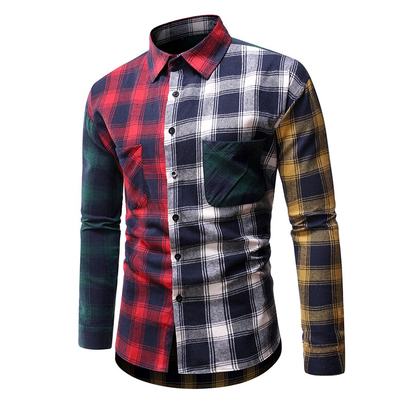 spring plaid patchwork shirts men dress good cotton mens shirts regular fit