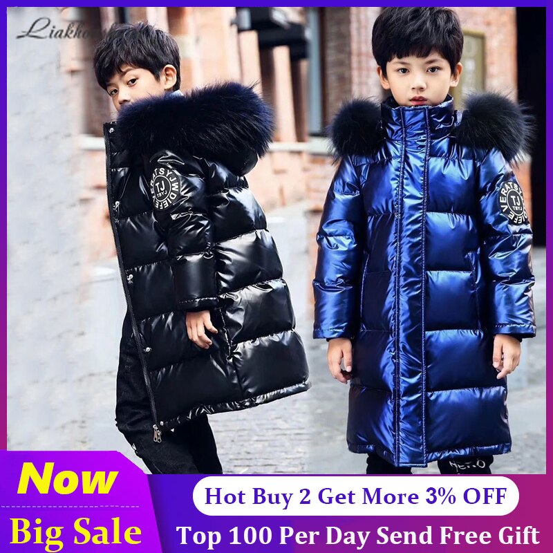 Russian Winter Coats Brand Hooded Big Fur Collar Winter Jackets Parkas For Teenagers Boys Thick Long Coat Kids Clothes