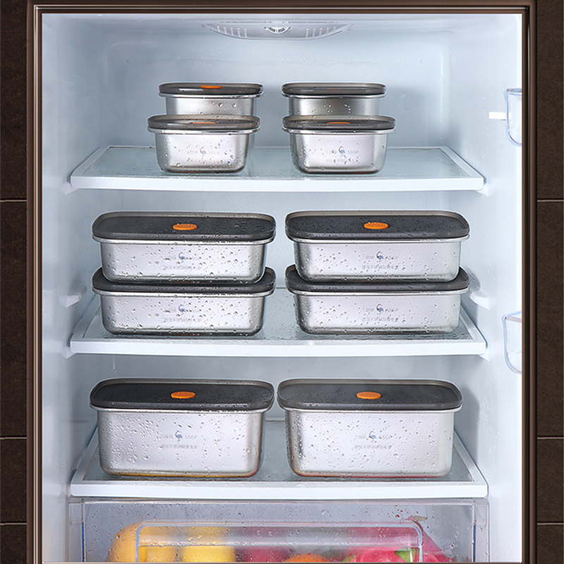 Luxuriöse Kühlschrank-Lebensmittelbox aus Edelstahl 304, LFGB-Zertifikat, Luftauspuff, Fleisch, Gemüse, Schärfer, Silikon, versiegelt, Frischhaltekoffer
