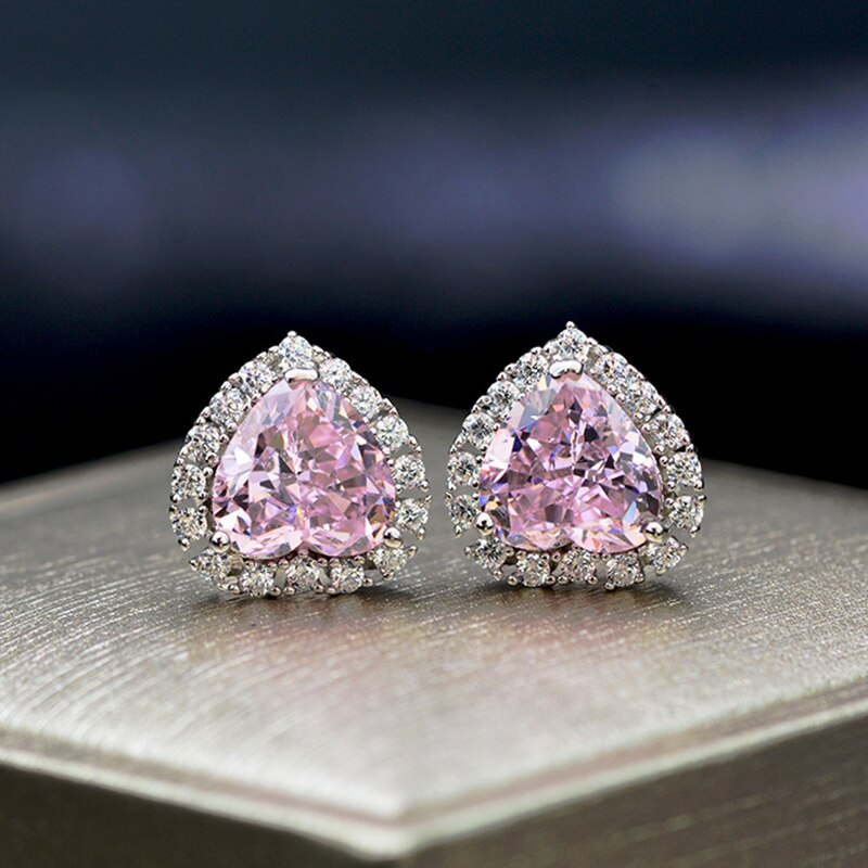 Boeycjr 5A Zirkoon Elegante 8*8 Mm Roze Hart Vorm Ijs Bloem Cut S925 Sterling Zilveren Fijne Sieraden Stud oorbellen Voor Vrouwen