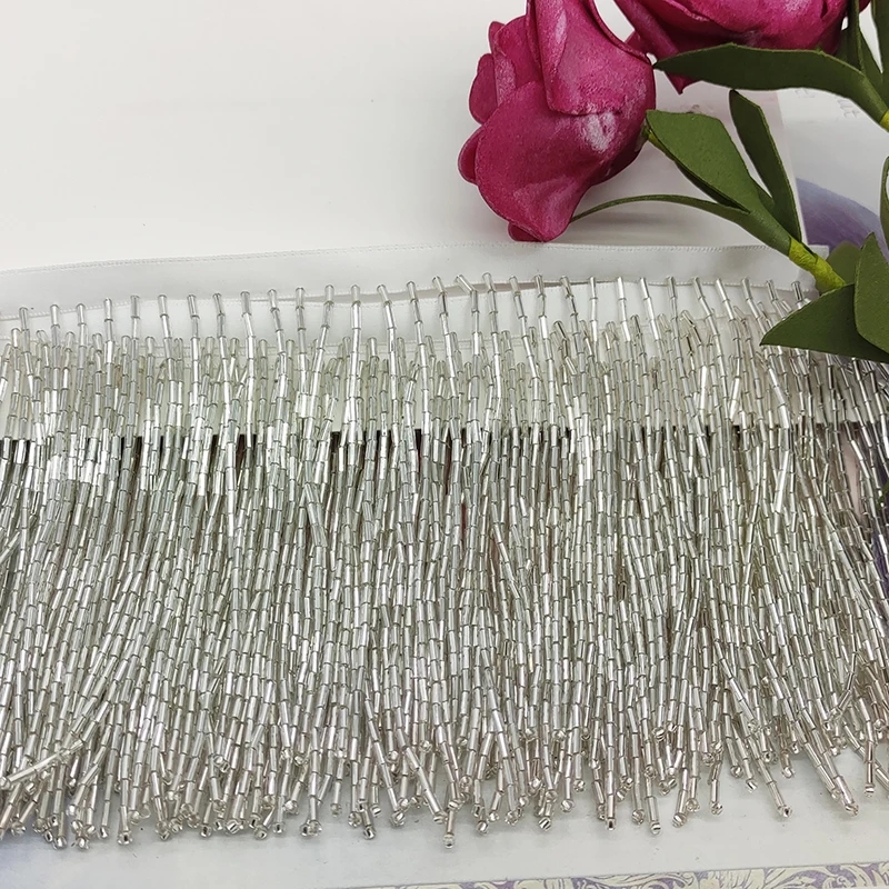 10CM Wide Gold Sliver Black Bead Tube Tassel Lace Trim For Clothes Wedding And Evening Dress Curtains Decoration Accessories: WHITE