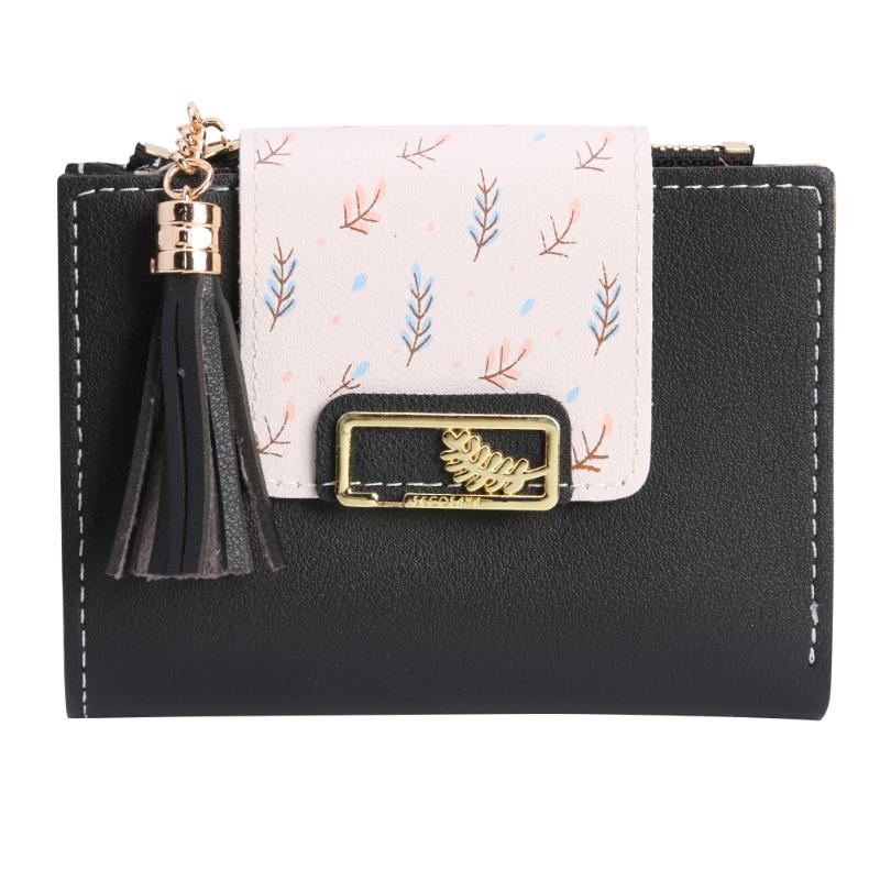 Kwastje Vrouwen Portemonnee Kleine Leuke Portemonnee Vrouwen Korte Lederen Vrouwen Portefeuilles Rits Vouwen Portemonnees Vrouwelijke Portemonnee Clutch: Black