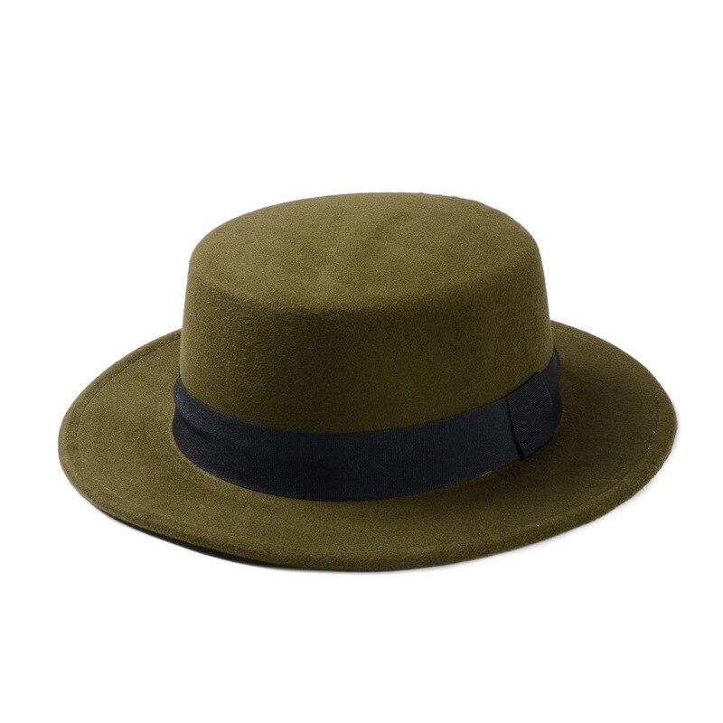 Brand Wool Boater Flat Top Hat For Women's Felt Wide Brim Fedora Hat Laday Prok Pie Chapeu de Feltro Bowler Gambler Top Hat: Green