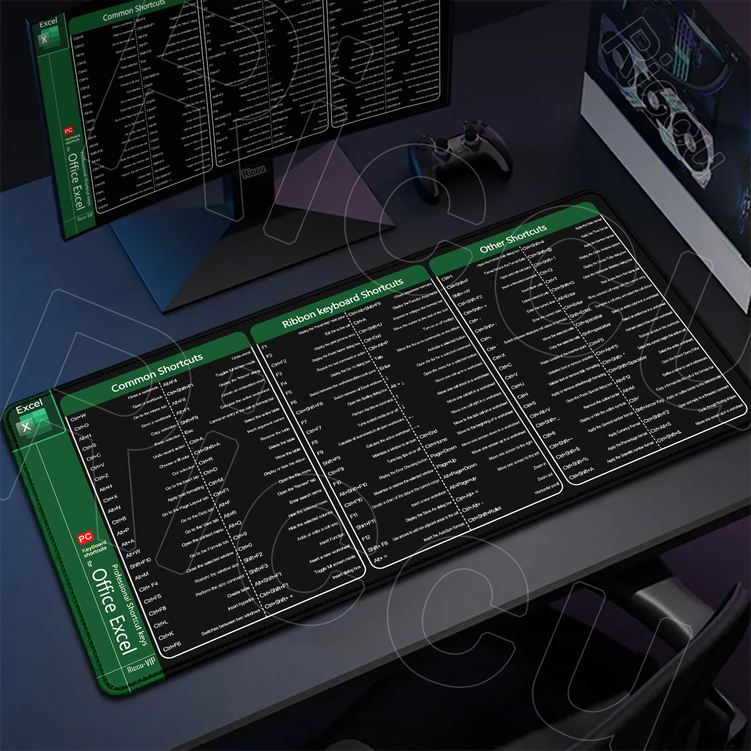 Große erweiterte Bürocomputer-HD-Schreibtischunterlage Riccu Excel Shortcuts Mauspad Xxl-Tastatur-Mauspad mit rutschfester Basis mit genähtem Rand