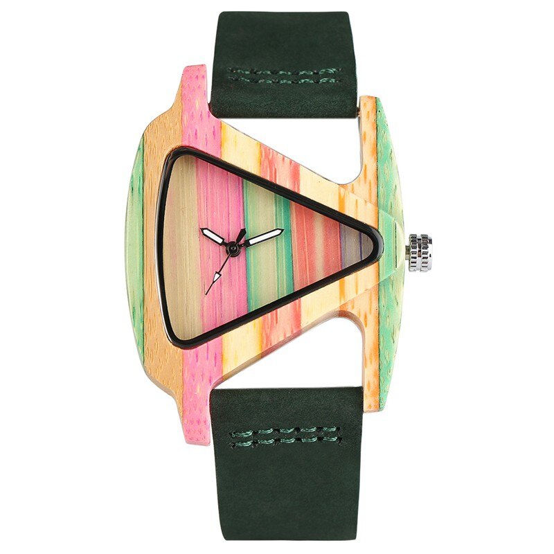 Unikt farverigt træur trekantet urskive ur ur kvinder kvarts læderarmbåndsur kvinders håndled reloj mujer: 1