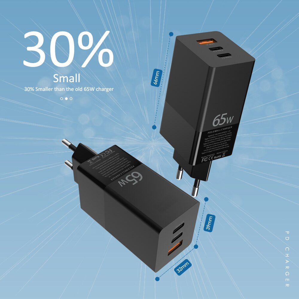 65W GaN caricabatterie USB C adattatore Multi estensione PD 3.0 QC 4.0 per Iphone 12 MacBook Laptop Wall Charge UK US EU Plug