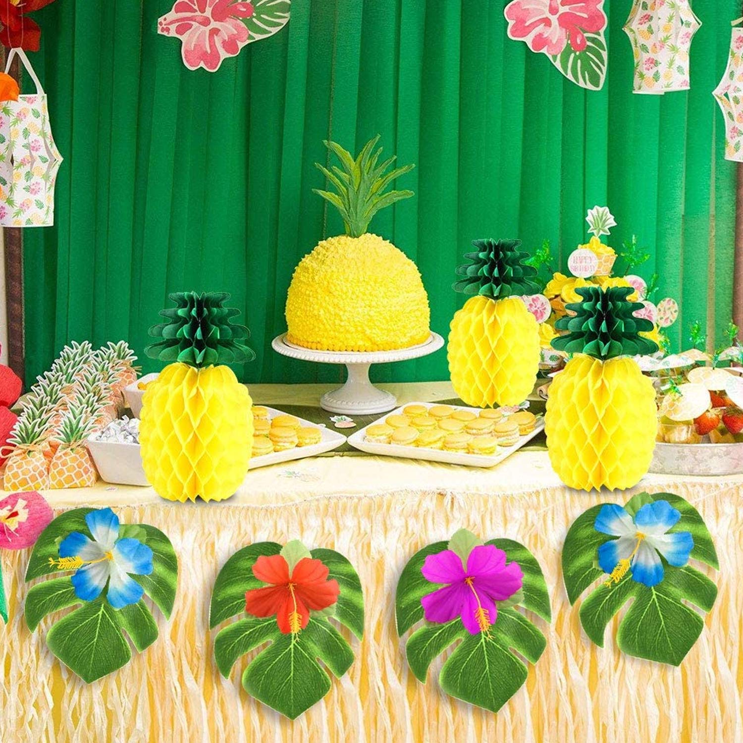 Lustige tropisch hawaiisch Party Dekoration Bausatz mit Seide Hibiskus Blumen Palme Blätter Ananas Mini Regenschirm Cupcake Deckel