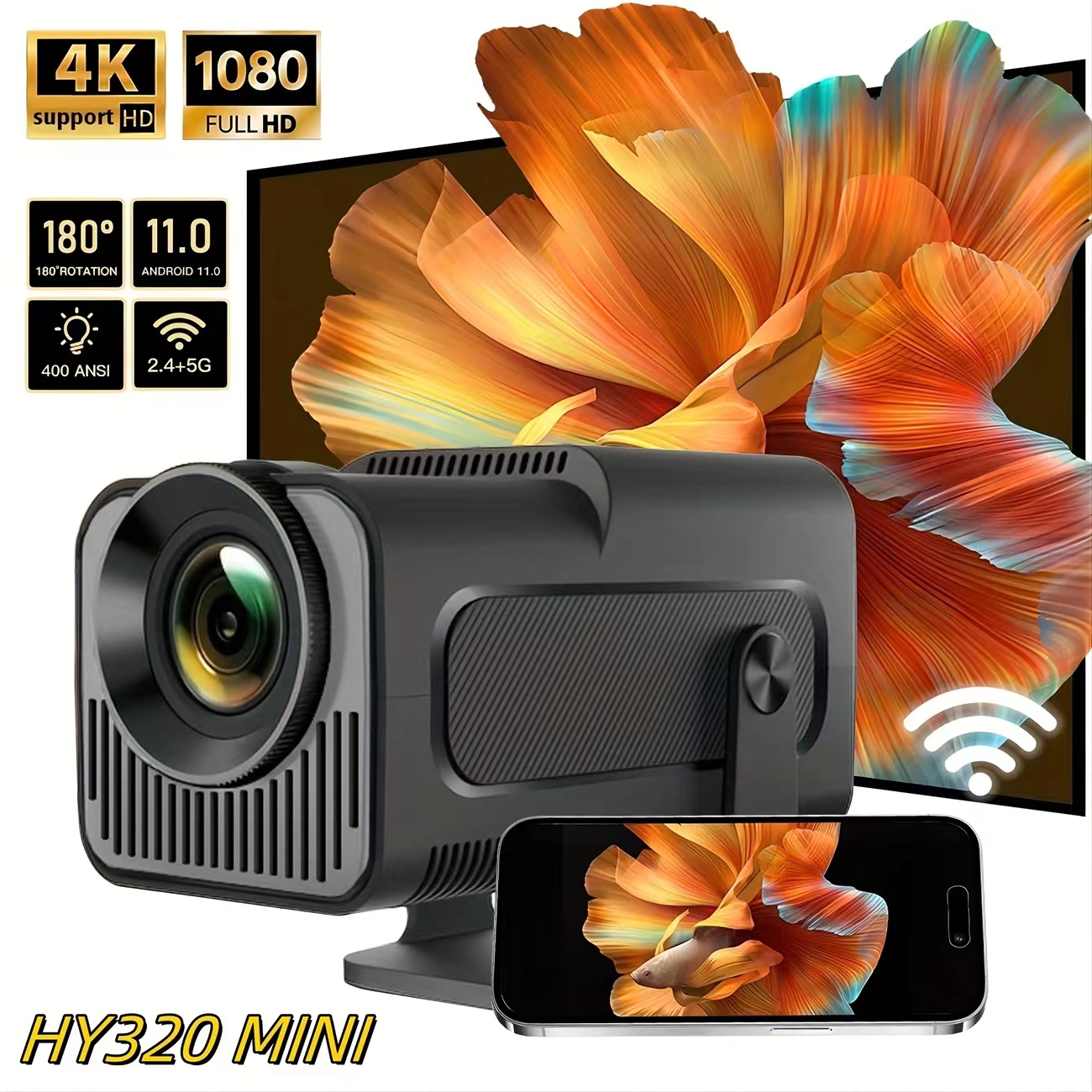 HY320min4K Android 11 Projector US plug Native 1080P 390ANSI Dual Wifi6 BT5.0 1920*1080P Cinema portable Projetor upgrated