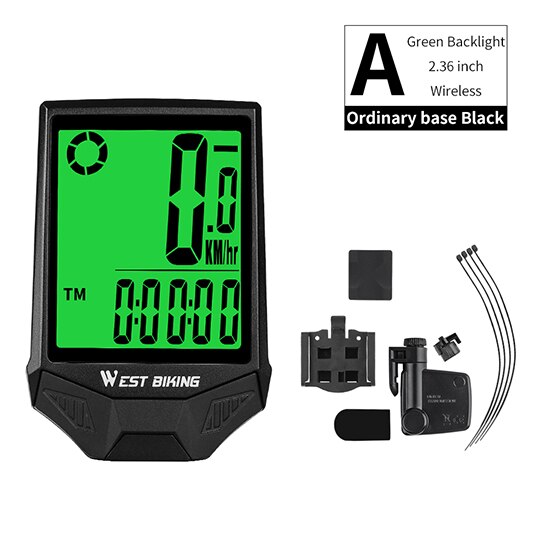 WEST BIKING Waterproof Bicycle Computer WirelessWired MTB Bike Cycling Odometer Stopwatch Speedometer Watch LED Digital Rate: Greenlight-Wireless