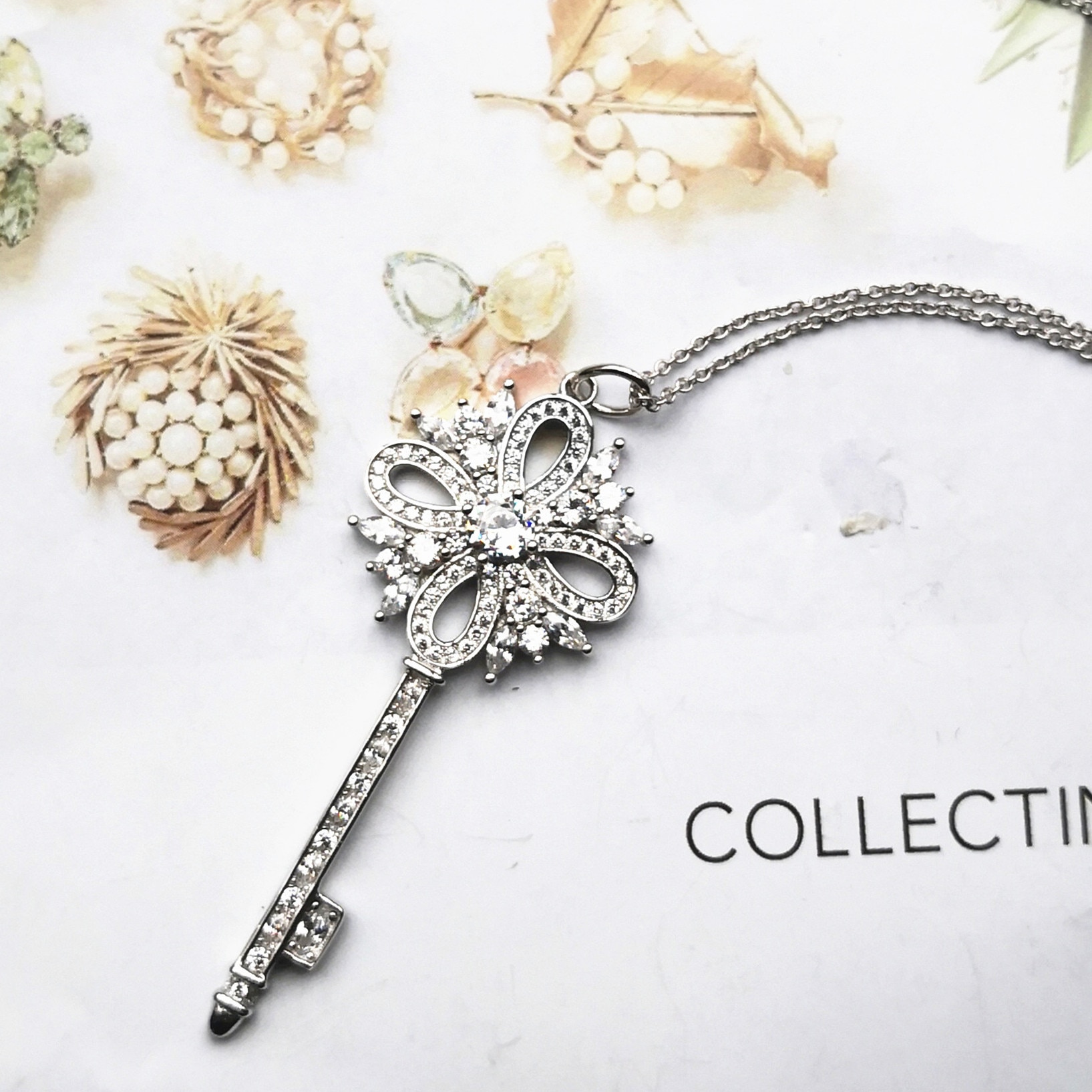 Women's S925 Sterling Silver Classic Rose Gold Key with Zircon Pendant Necklace