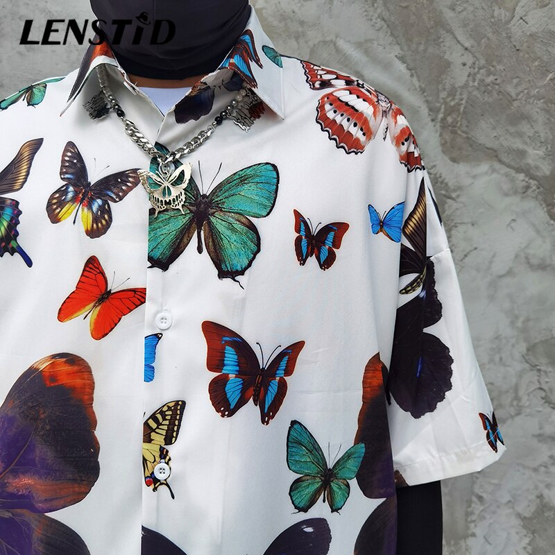 LENSTID Mens Hip Hop Butterfly Printed Hawaiian Shirt Harajuku Streetwear Beach Shirt Summer Short Sleeve Oversize Shirts