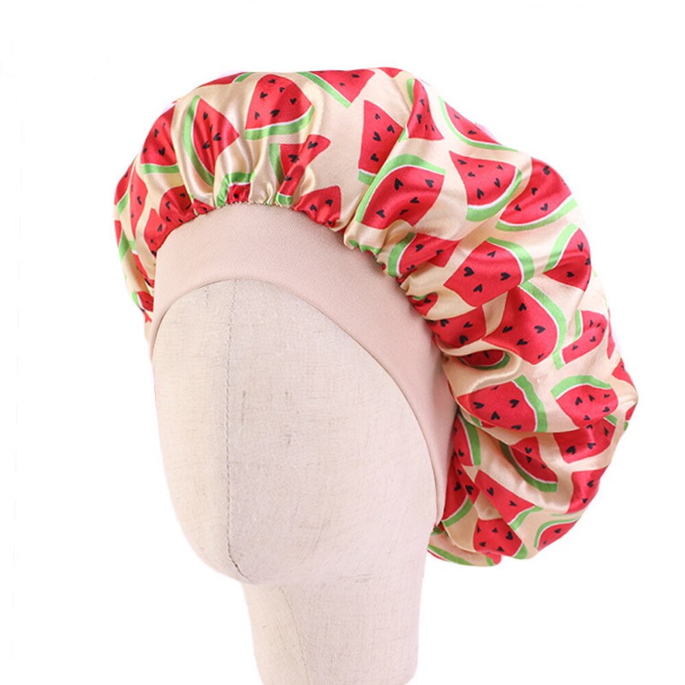Cute Pattern Kids Satin Sleep Cap Bonnet Flower Printed Night Cap Turban Chemo Hat Girl's Wide Elastic Band Night Sleep Cap