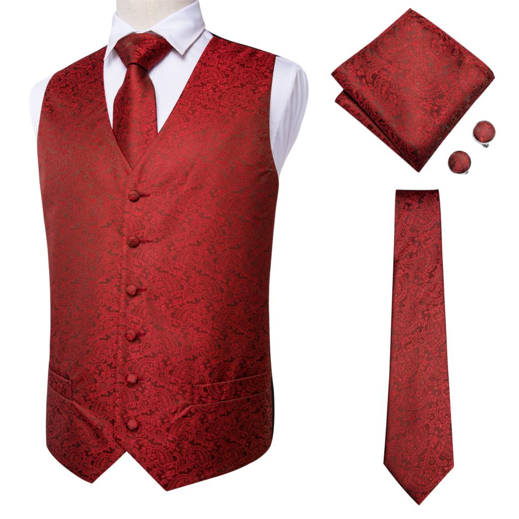 Hi-Tie Wine Red Paisley Dress Vest Set For Men Jacquard Men's Suit Vest Male Waistcoat for Wedding Formal Jacket MJ-0013