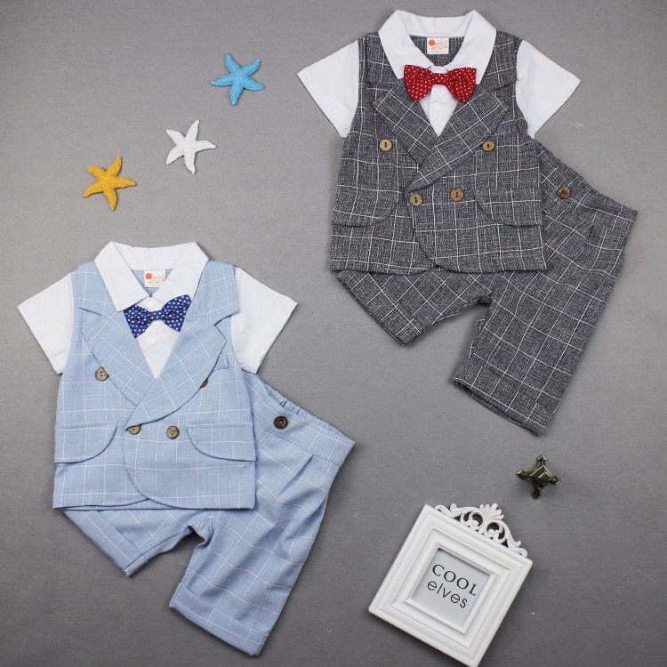 Baby Boys Summer Clothing Suit Child Plaid Gentleman Bowtie Vest + Shorts 2pcs Clothing Set Toddler Kids Party Wedding Costume