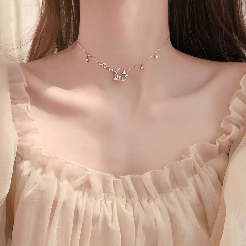925 silber einfache persönlichkeit Trend Halsband schlüsselbein kette eins halskette mit glänzenden strass mond schmuck für moderne weibliche