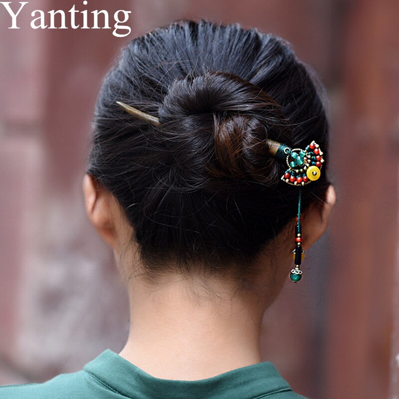 Yanting Ethnische Grün Sandelholz Haar Sticks Für Frauen Rot Gelb Stein Quaste Haarnadeln Vintage Handgemachte Haar Schmuck 031