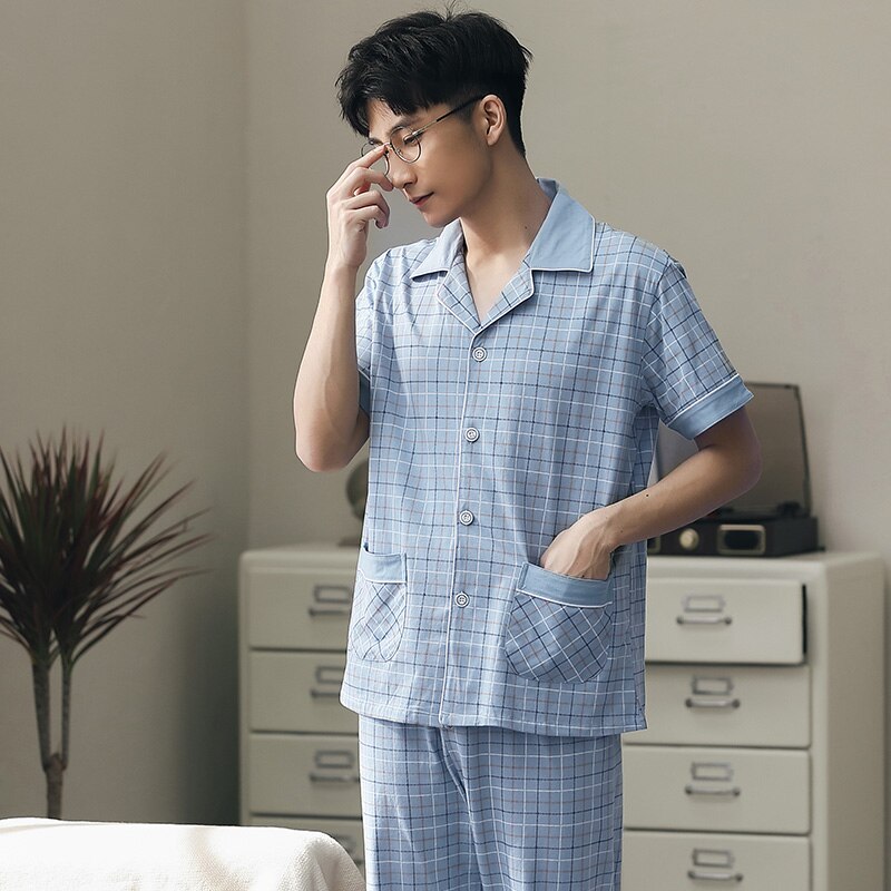 Pijamas de verano para hombre de manga corta con botones, conjunto de Pijamas de algodón para hombre, Conjunto de pijama a cuadros, Conjunto de pijama , trajes de pijama para hombres