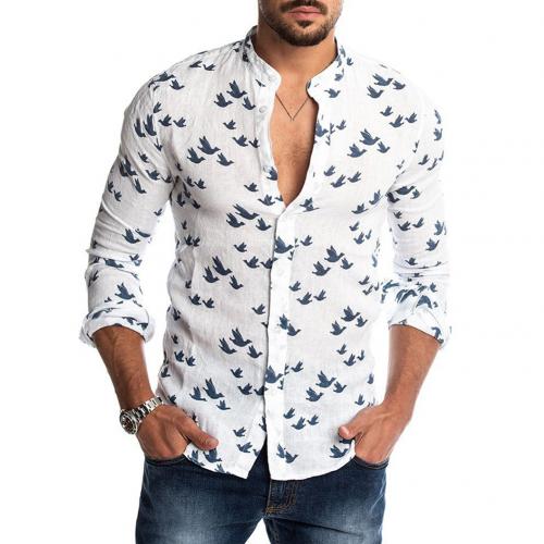 Primavera otoño Casual hombres paloma imprimir botones de manga larga camisa de lino Slim Top hombres ropa de señora de la ropa para hombre de la hoja de: Blanco / XL