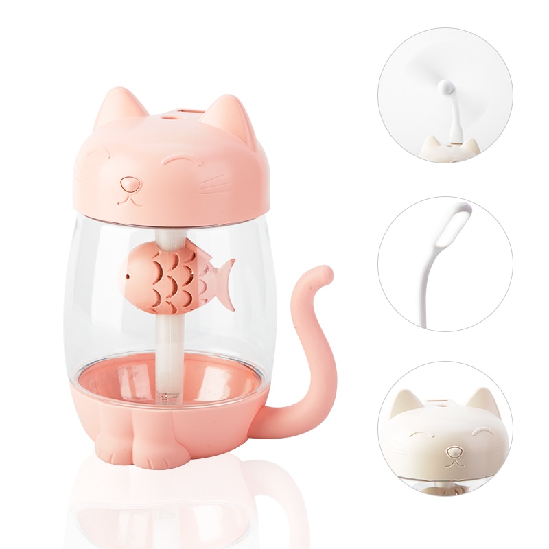 3 in 1 350ML USB Cat Air Humidifier Ultrasonic Cool-Mist Adorable Mini Humidifier With LED Light Mini USB Fan for Home office