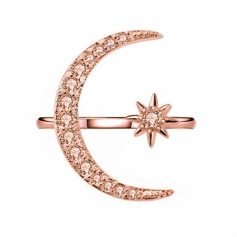 Skinnende ring halvmåne & lille stjerne blændende justerbar åben fingerring ringe i enkel stil til kvinder: Rose guld