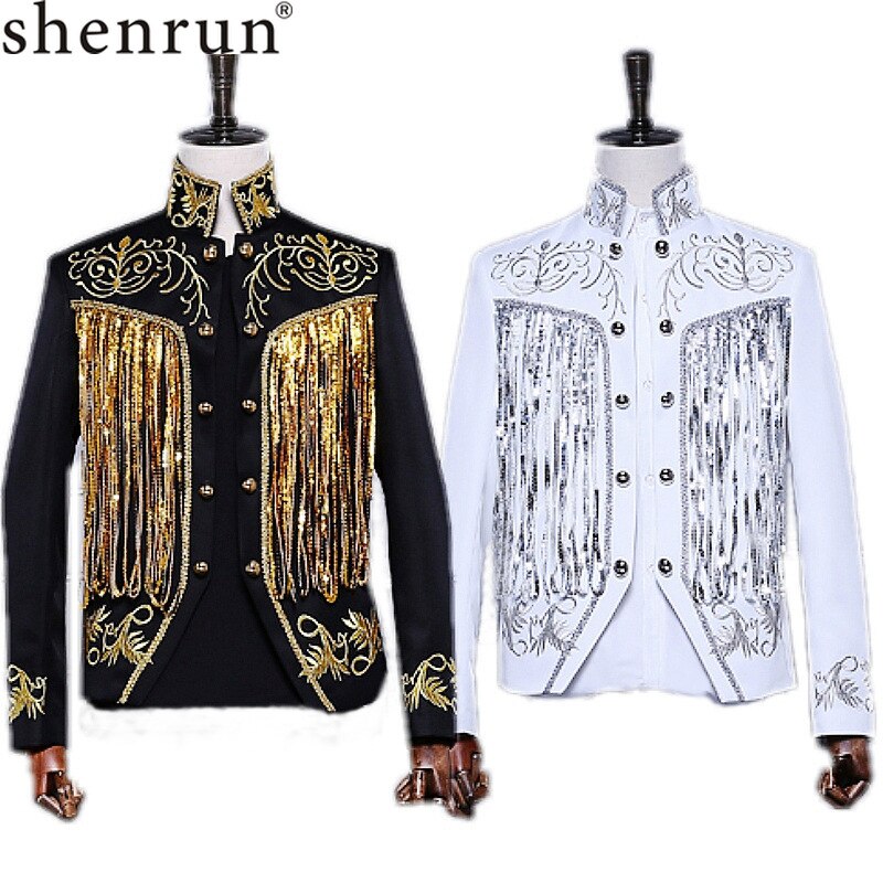 Shenrun Men&#39;s Black White Suit Jacket Sequins Embroidery Gold Silver Twinkle Tassel Blazers Slim Fit Stage Dress Singer Costumes