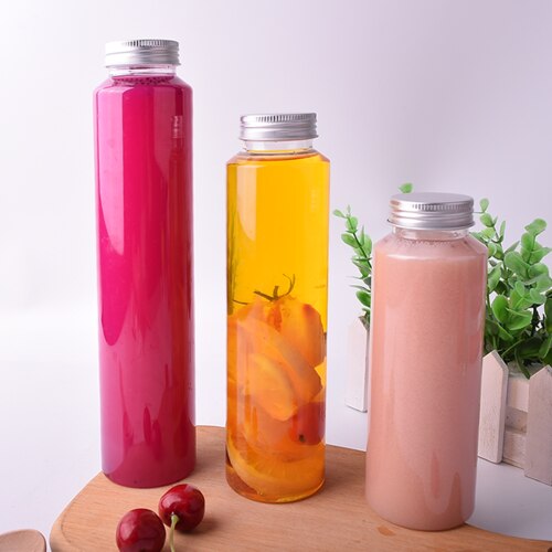 10 stk/parti engangs teflaske take-away emballage cylindrisk juice flaske låg cylindrisk flaske opbevaring flasker krukker: 300ml-- aluminium låg