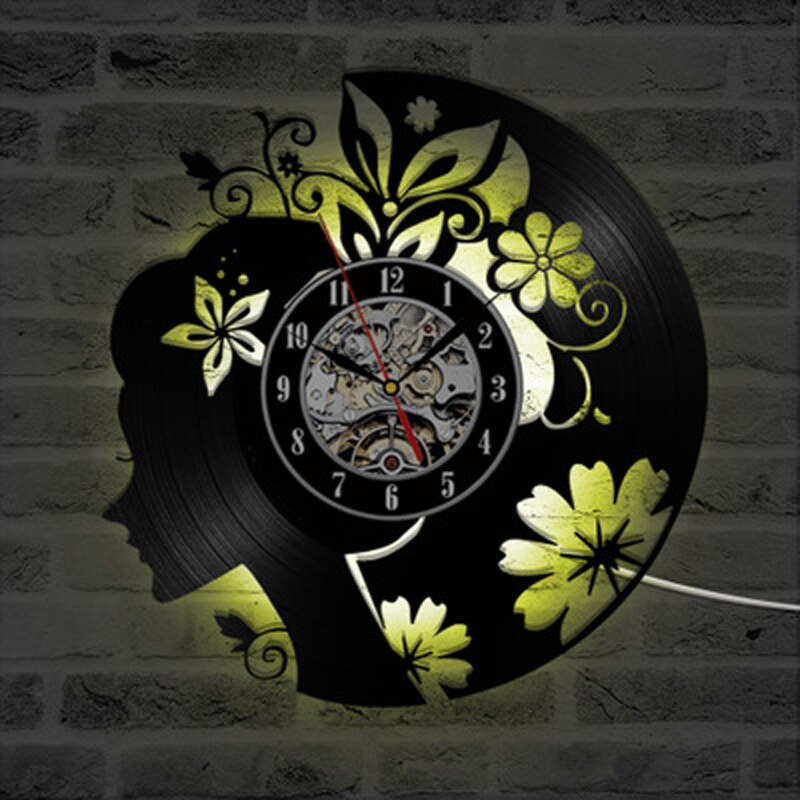 Blume Mädchen Vinyl aufzeichnen Wanduhr LED Beleuchtung Zauberstab Kunst Dekor Jahrgang retro 3D Uhren Zauberstab Uhr Wohnkultur Geburtstag