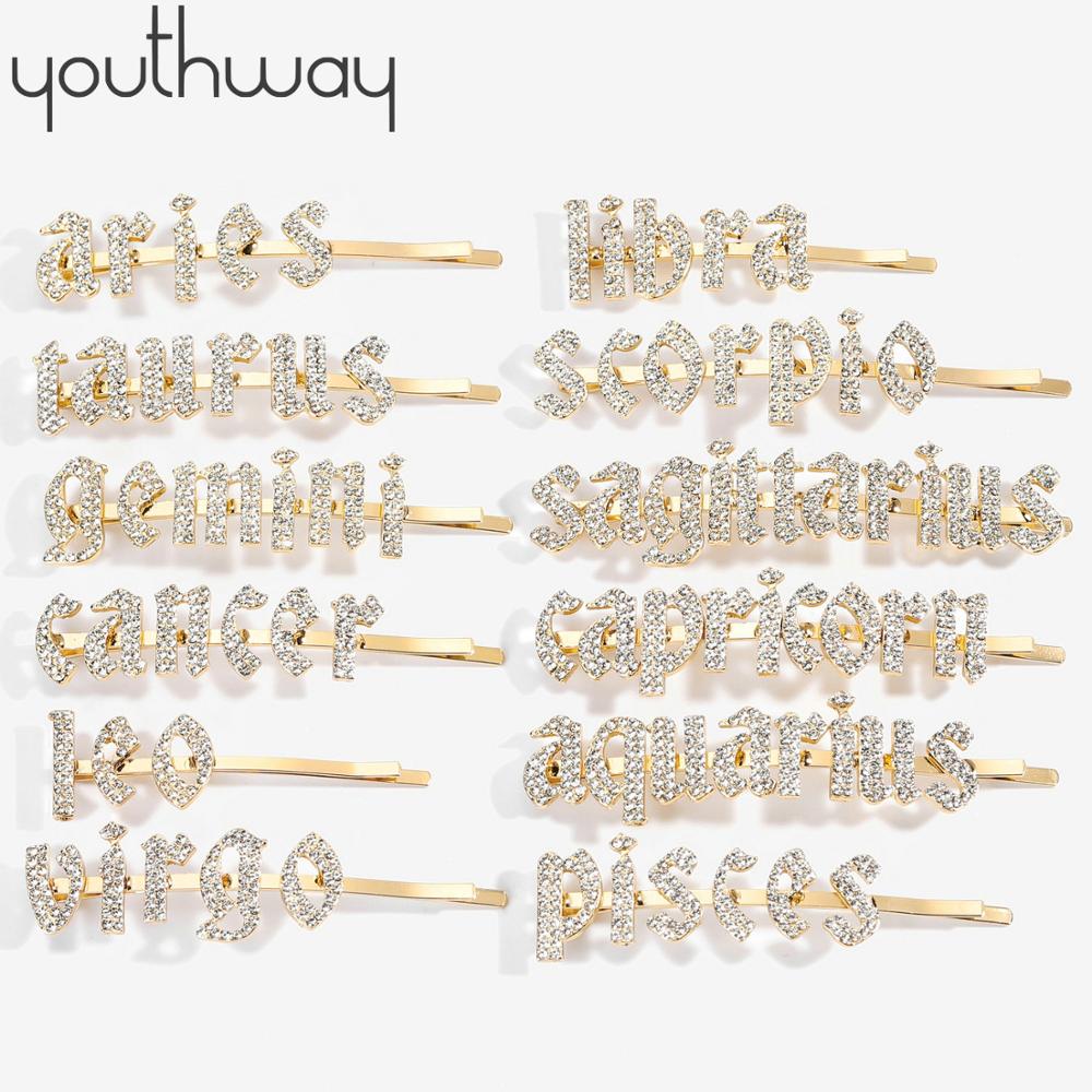 12 Zodiac Strass Haarspelden Shiny Crystal Word Letters Haar Clips Alle Zodia Borden Barrette Accessoires Sieraden Kerstcadeau