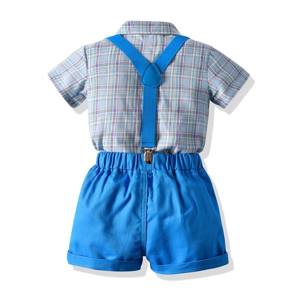 Top en top kinderkledingset jongens katoenen geruite top + jarretels korte broek kleding pak kinderfeestkleding kostuums bebes